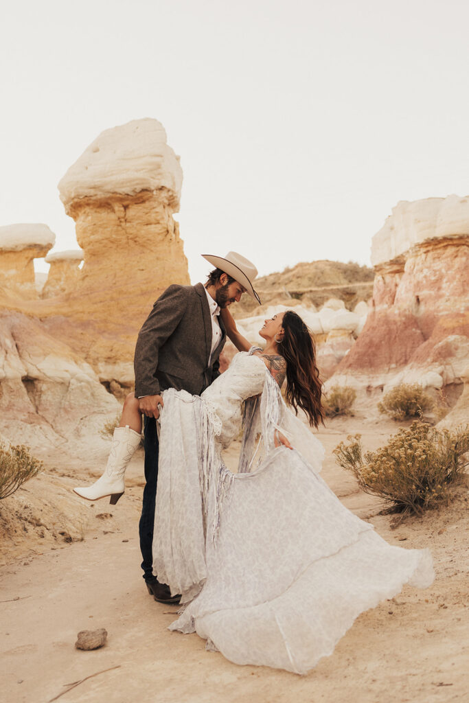 stunning couple at paint mines during their beautiful boho elopement 