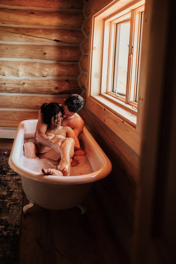 couple photoshoot at home at a cozy and intimate cabin in Jackson, WY