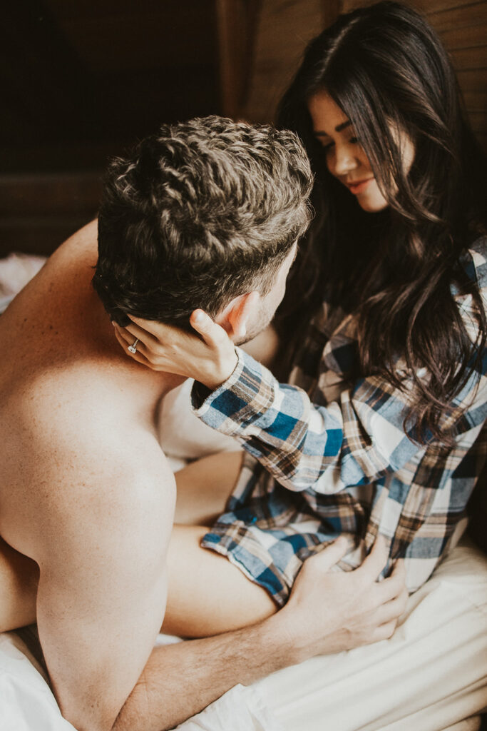 couple photoshoot at home at a cozy and intimate cabin in Jackson, WY