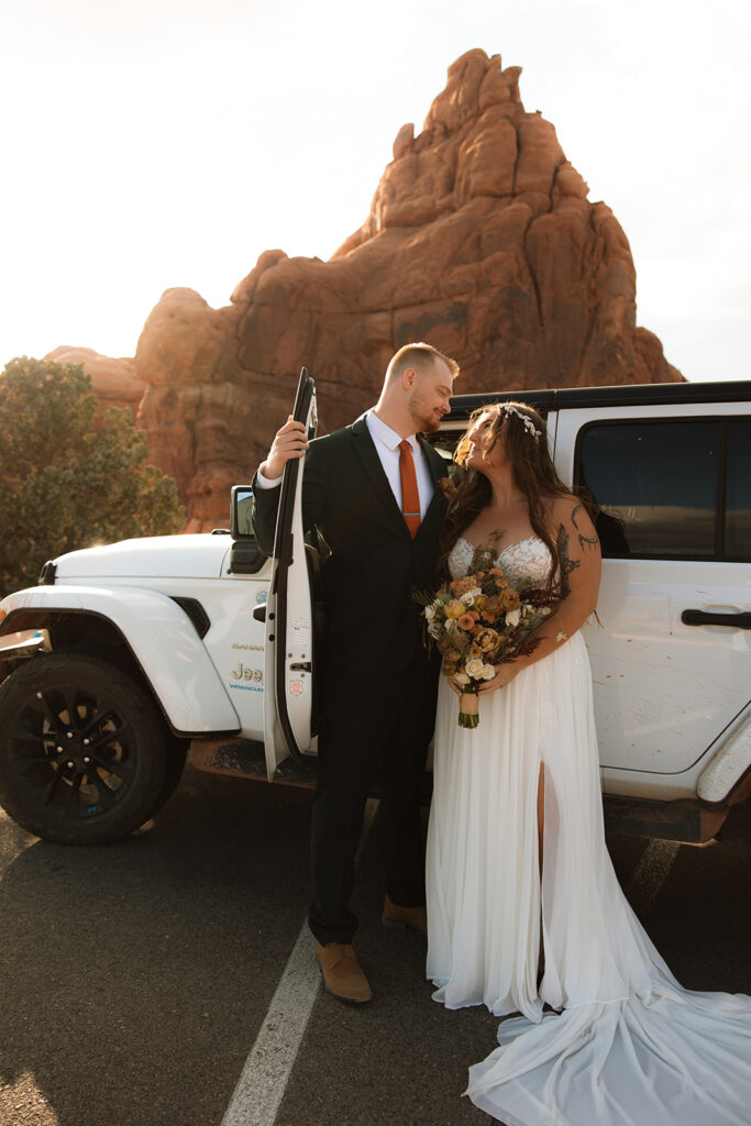 bride and groom looking at each other