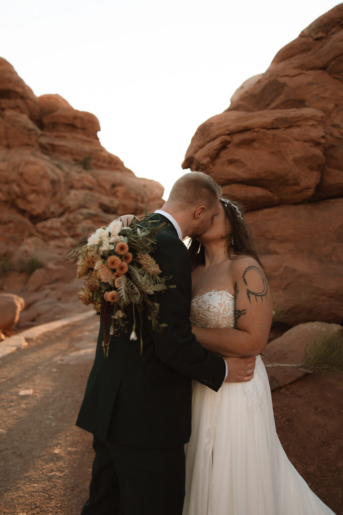 golden hour bride and groom portrait 