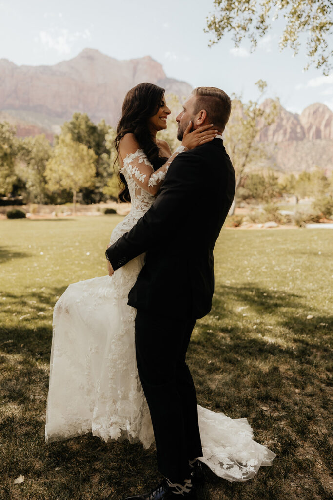 bride and groom looking at each other