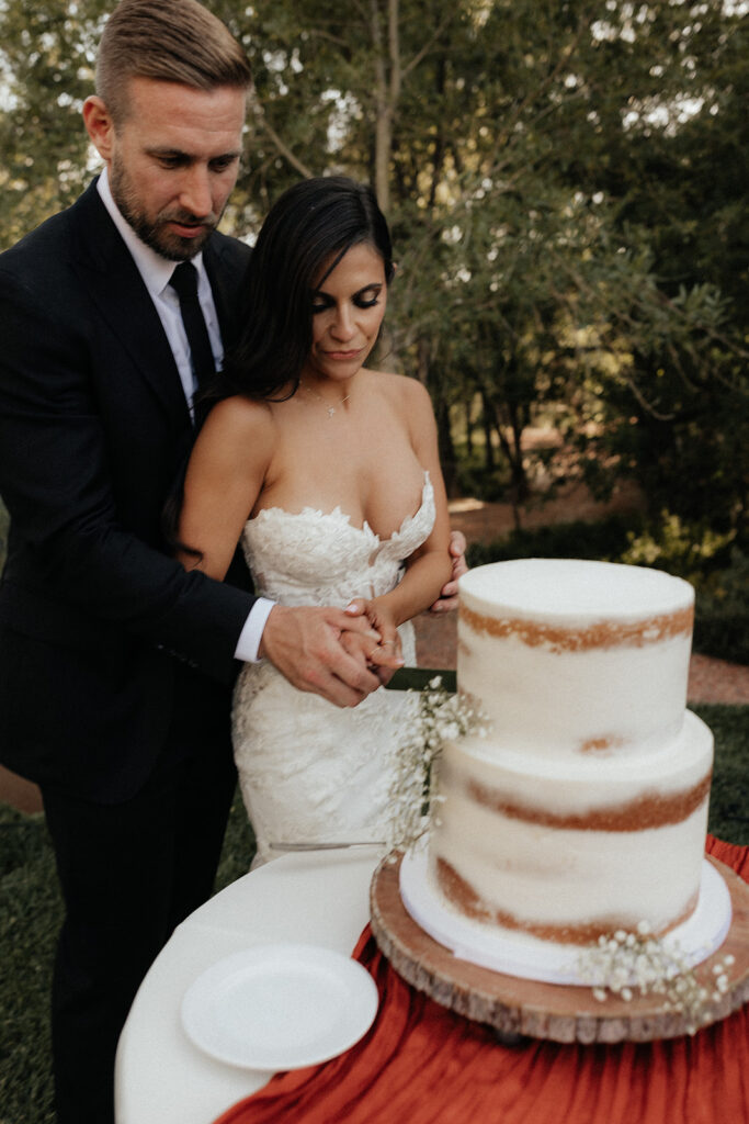 bride and groom cutting their wedding cake 