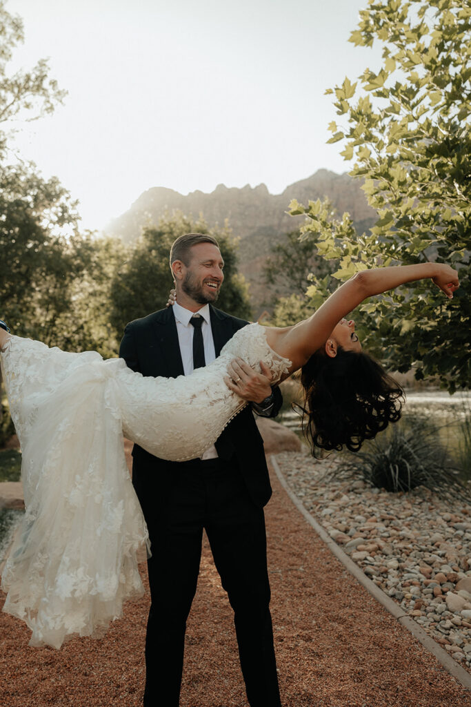 happy bride and groom at their wedding party