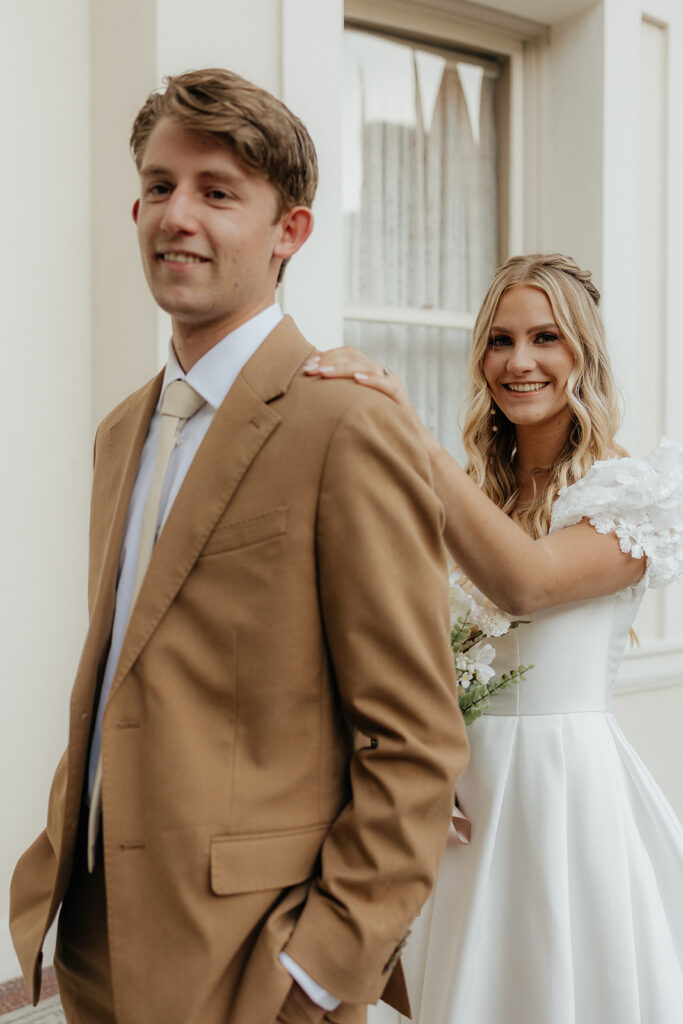 bride and groom at their first look