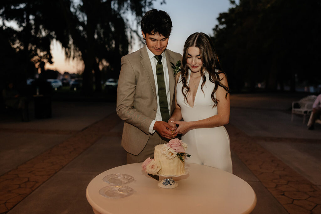 cute picture of the newlyweds cutting their wedding cake