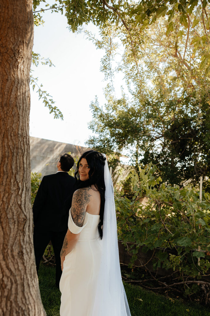 bride at her first look with her dad