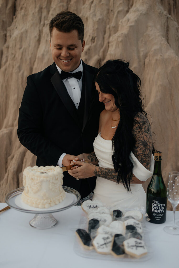 newlyweds cutting their wedding cake