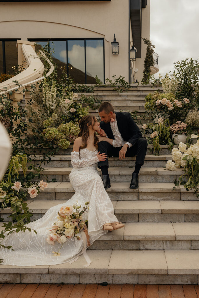 Portrait of the newly married couple kissing during their bridal session