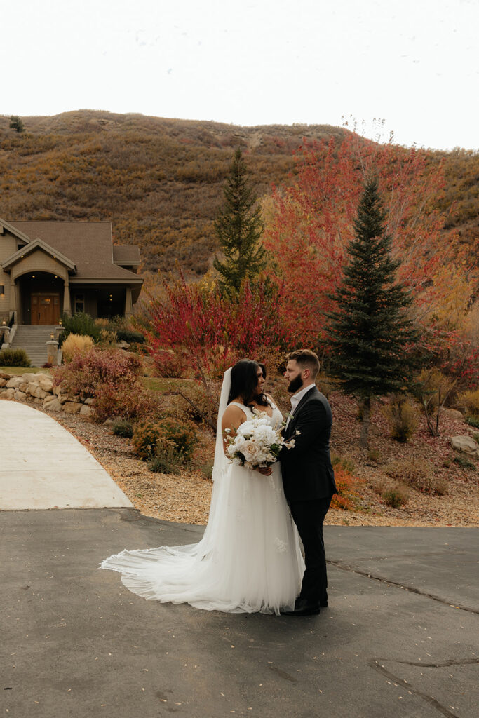 bride and groom at their fall wedding