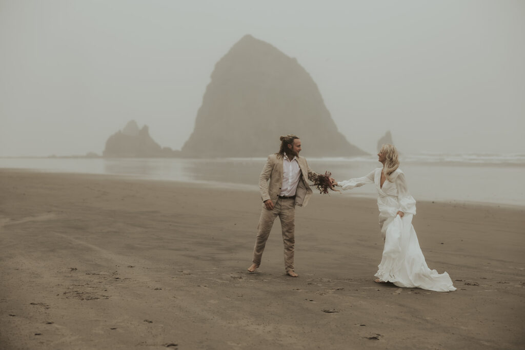 cute couple running during their photoshoot