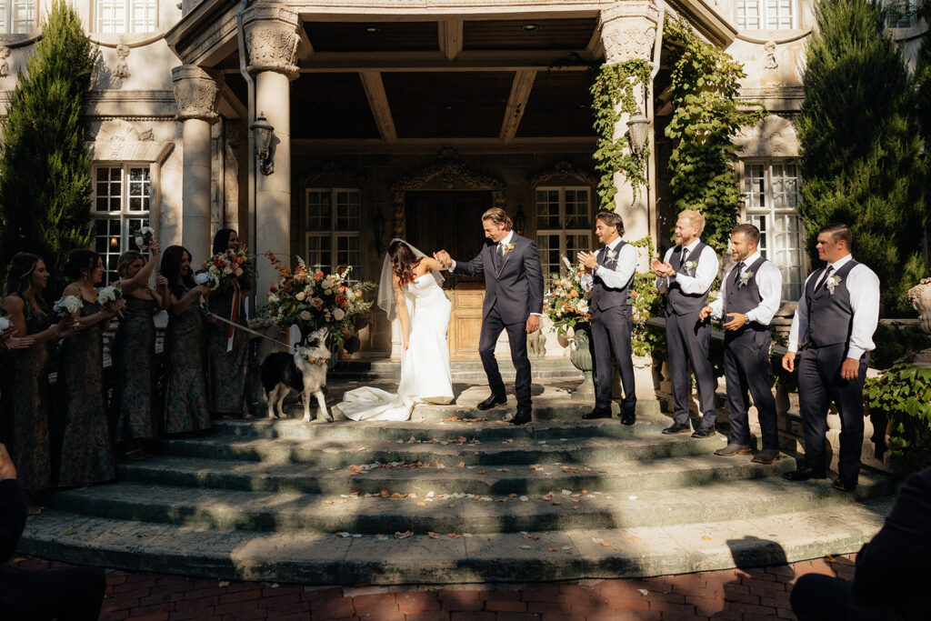 cute picture of the newlyweds heading to their wedding reception