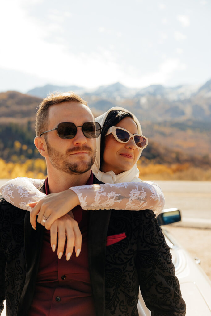 cute picture of the bride and groom hugging