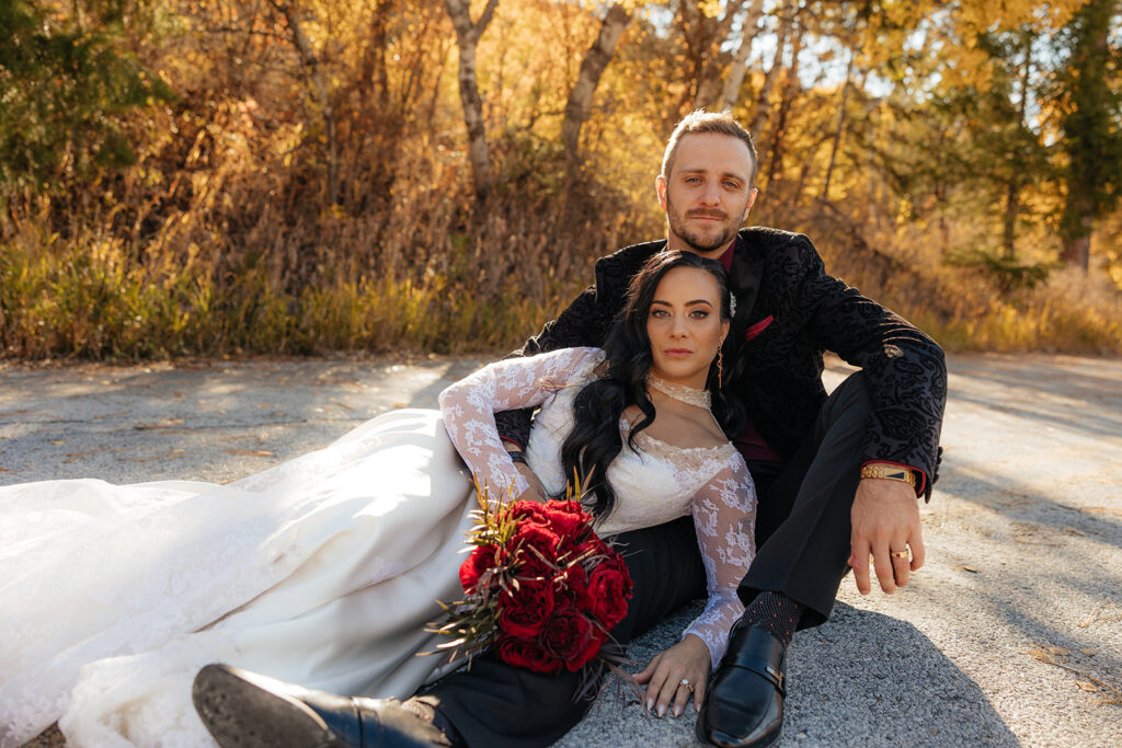 couple smiling at the camera during their bridal session