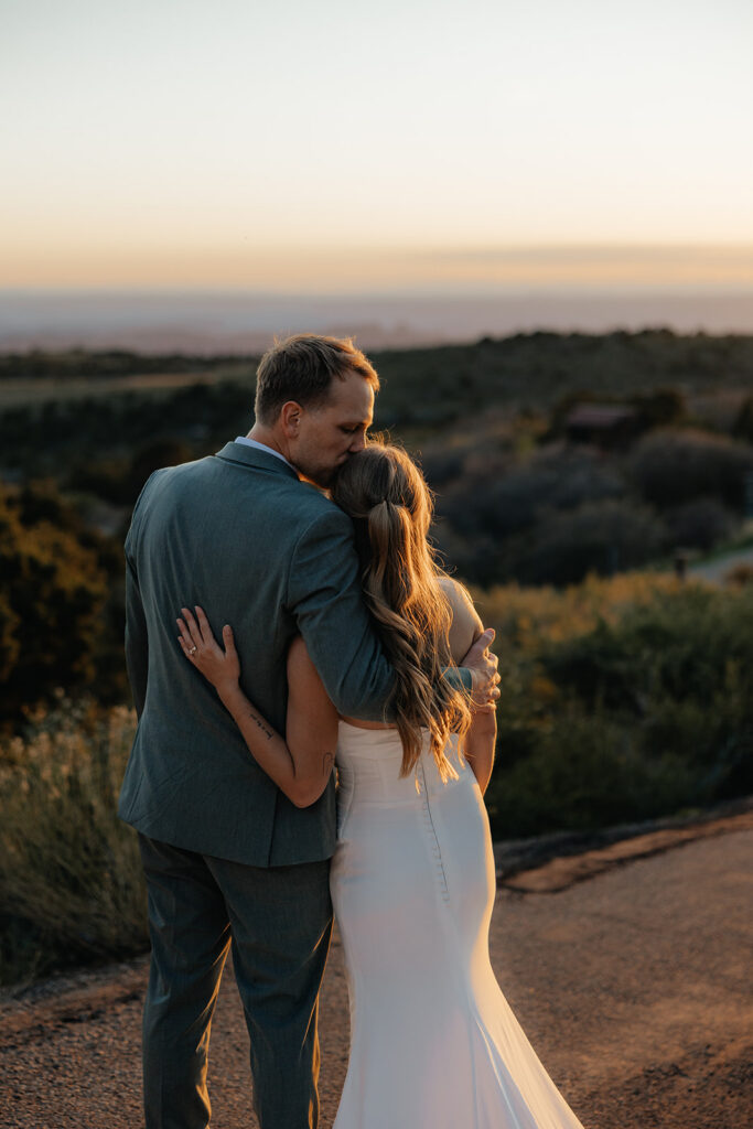 Portrait of the newly married couple hugging
