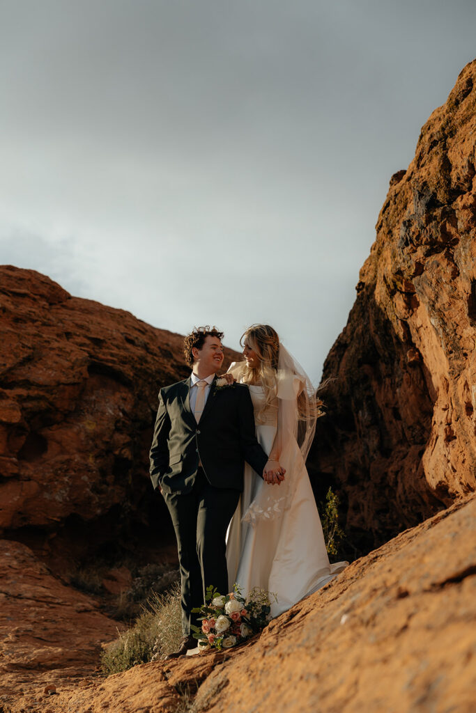 cute picture of the bride and groom smiling to each other