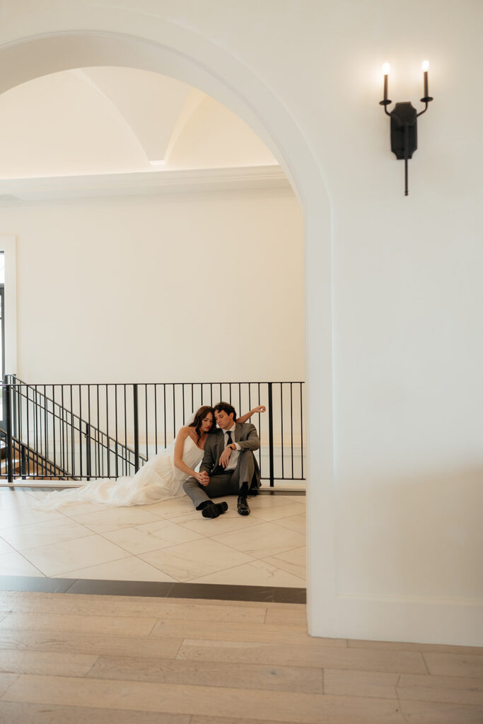 portrait of the bride and groom hugging