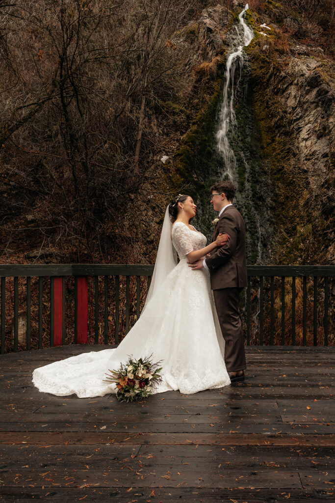 Beautiful picture of the newly married couple, smiling at each other