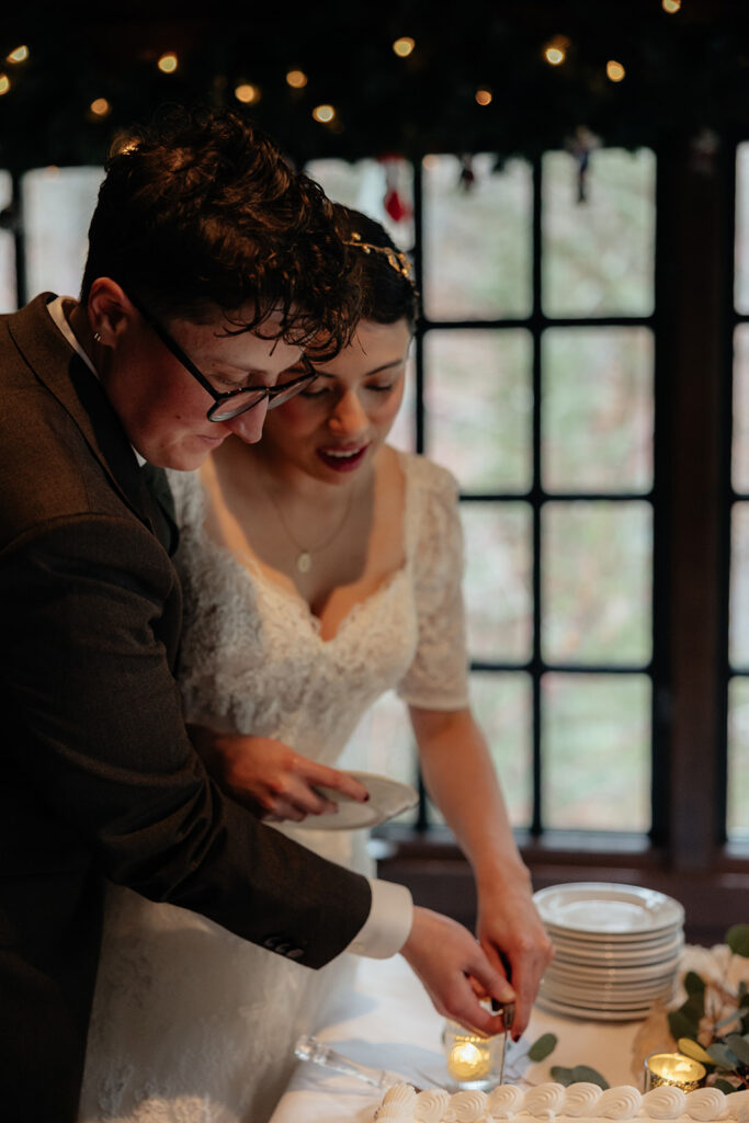 Cute picture of the newly married couple cutting their wedding cake