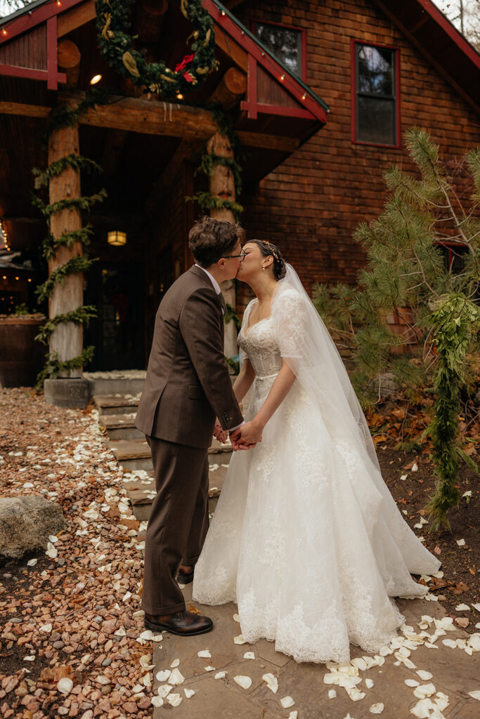 Beautiful picture of the bride and groom, kissing