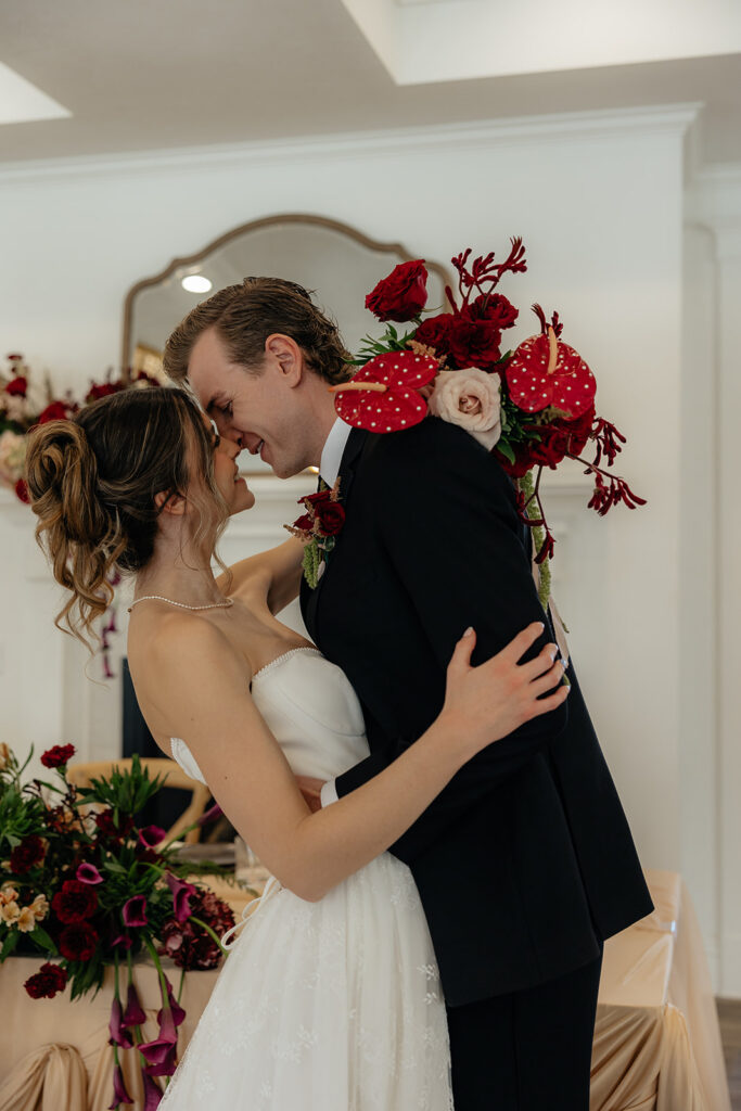 cute picture of the newlyweds smiling at each other