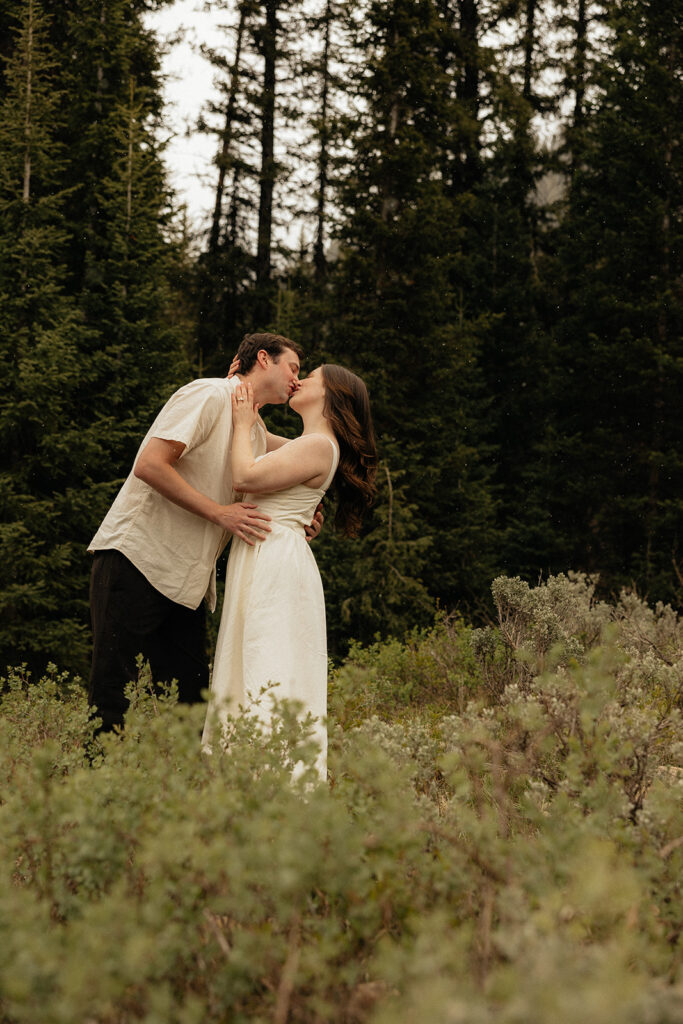 beautiful picture of the newly engaged couple kissing