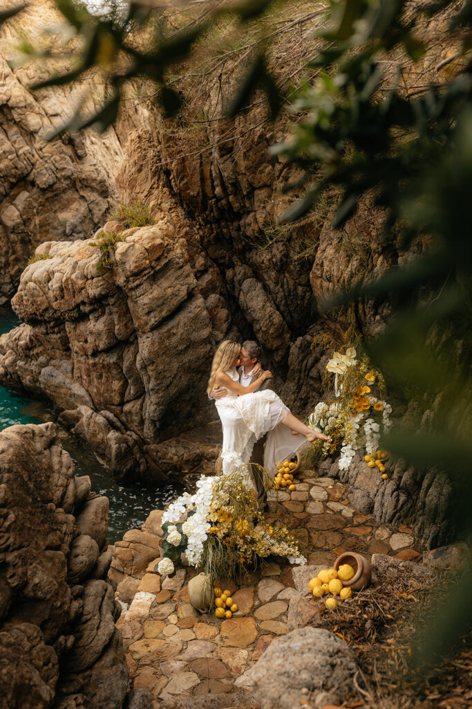 cute picture of the bride and groom kissing