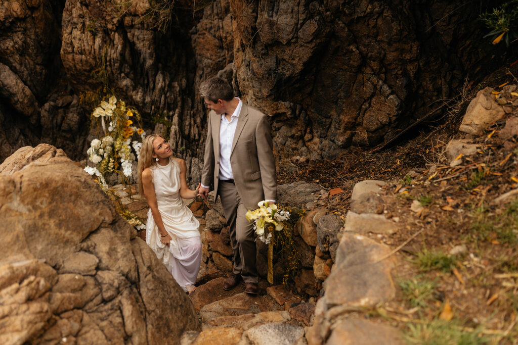 Portrait of the bride and groom, laughing with each other